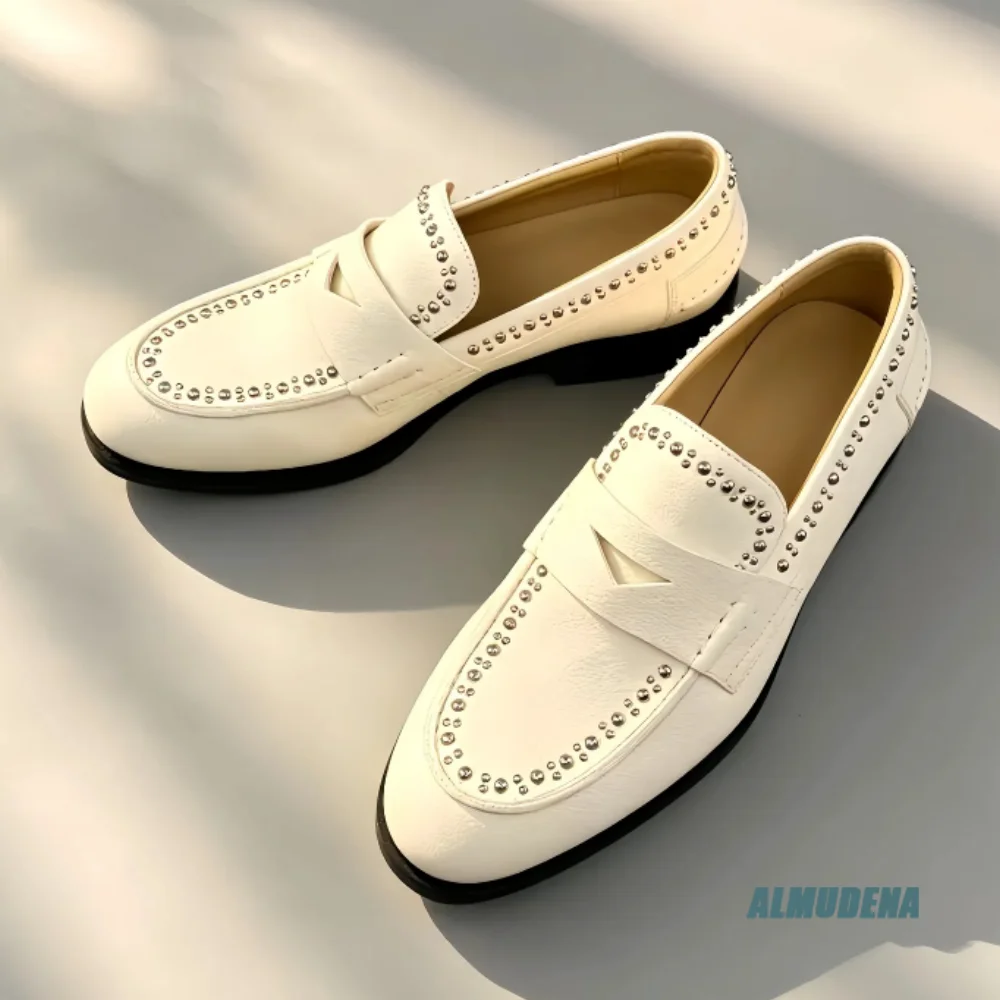 Trendy Men Studded Penny Loafers Round Toe Slip On Outdoor Street Style Chic Versatile Daily Party Commuter Casual Dress Shoes