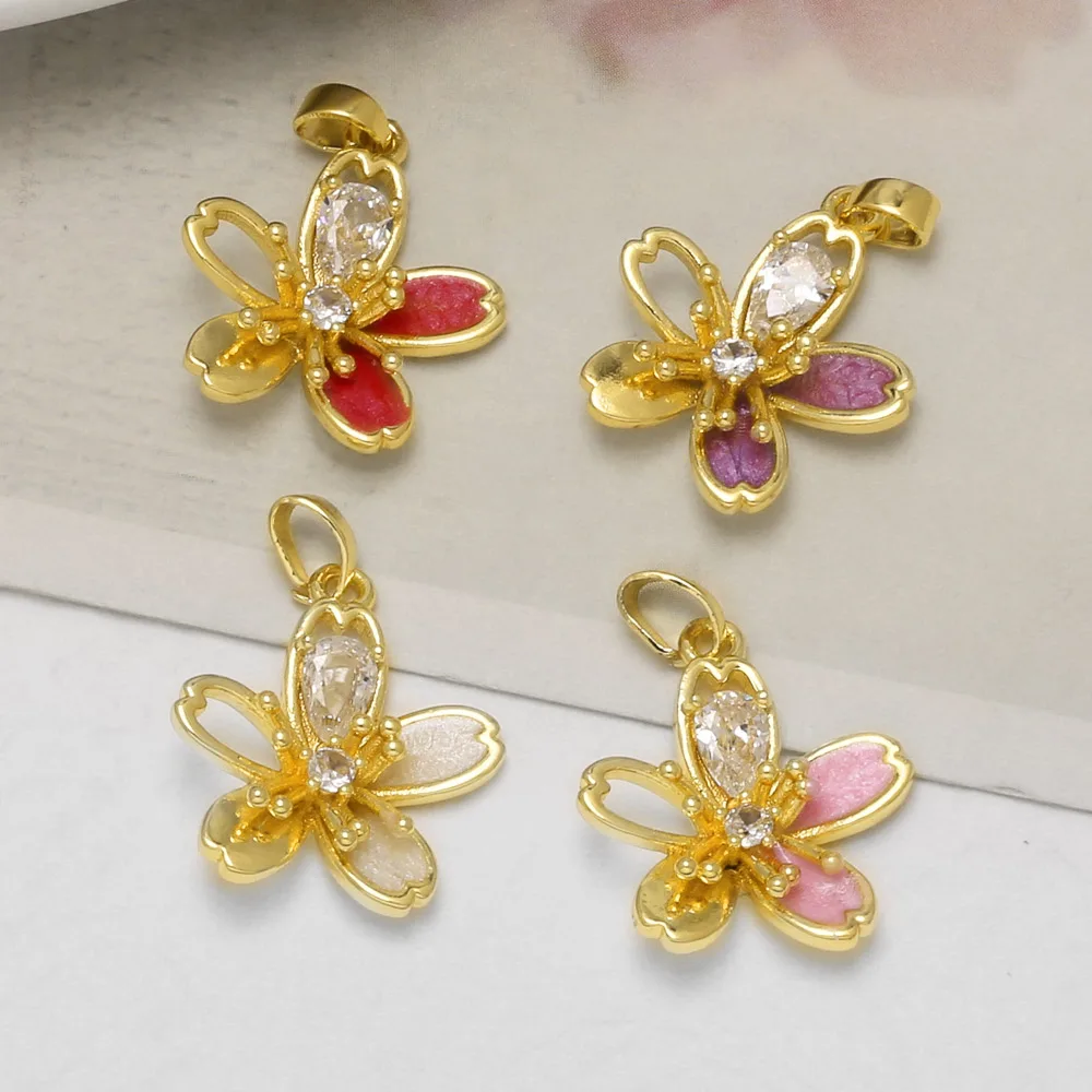 OCESRIO Cherry Blossom Flower Gold Plated Copper Teardrop Cubic Zirconia Enamel Pendants for Necklace Making Supplies chma228