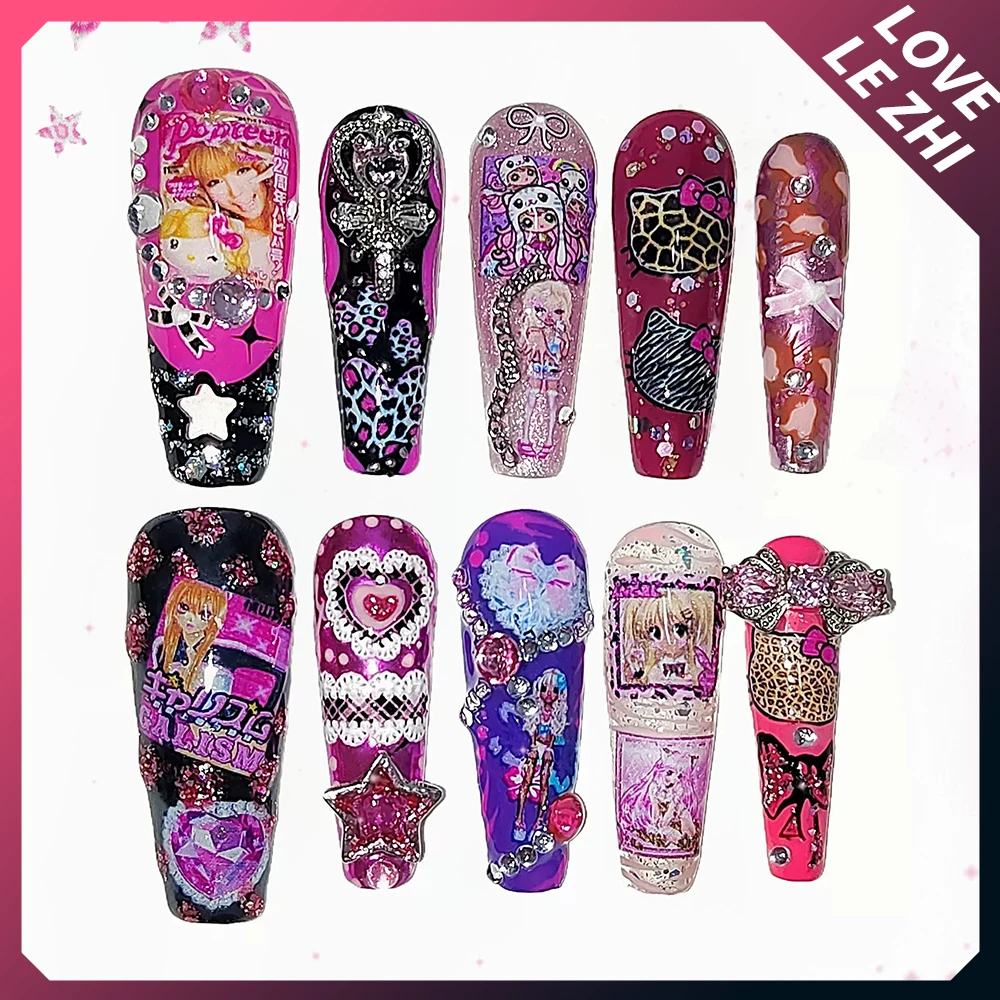 

Sanrioed Hello Kittys Leopard Print Japanese Hot Girl Wearable Handmade Press On Nails Creative Anime Full Cover Fake Nails