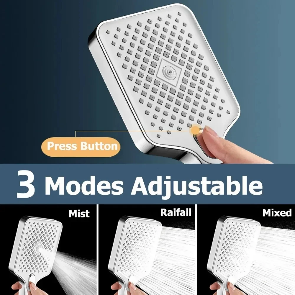 Large Panel Big Flow Shower Head 3-speed Adjustable Water Saving Spray Nozzle Rainfall High Pressure Massage Bathroom Shower