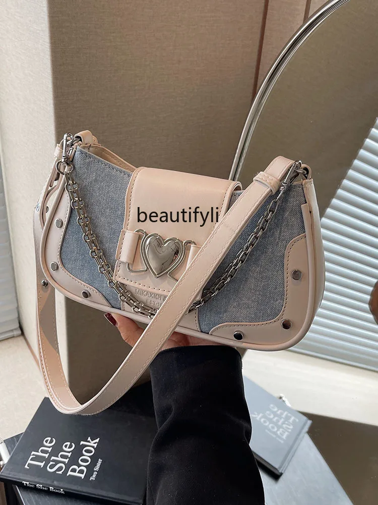 Special-Interest Design Summer New Shoulder Underarm Bag Denim Contrast Color Personalized Crossbody Small Square Bag