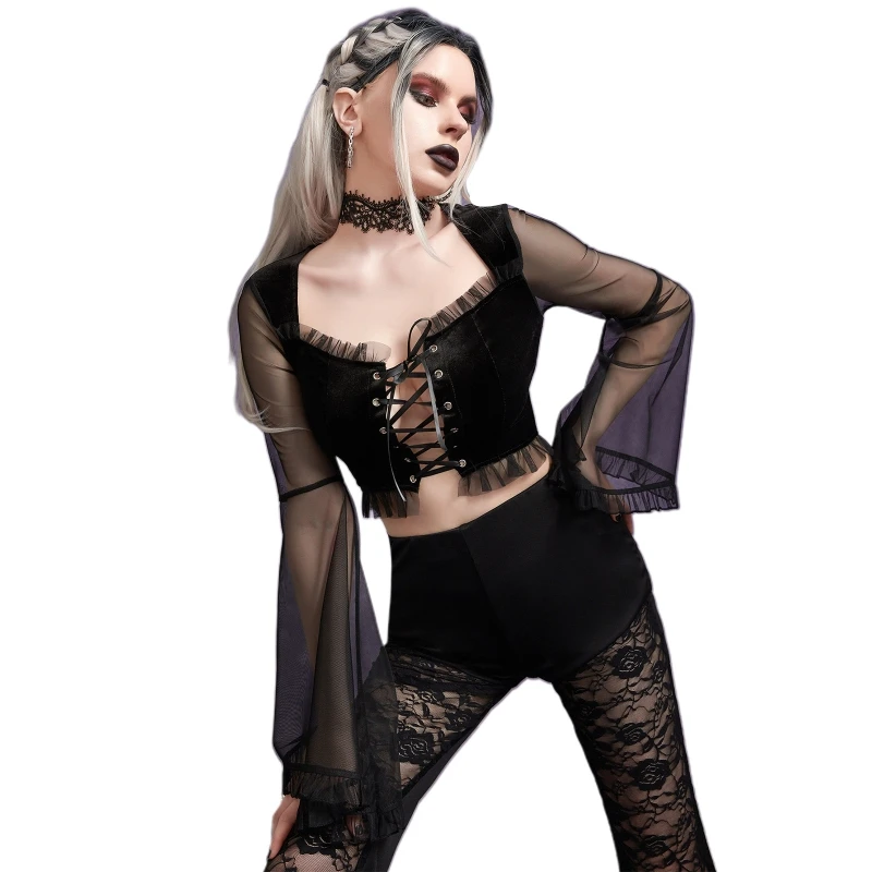 Women Gothic Punk Velvet Bodycon Black Crop Top Sheer Mesh Flared Long Sleeve Ruffles Crisscross Lace-Up Bandage T-Shirt