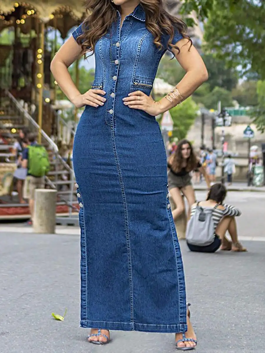 

Womens Denim Button Front Maxi Dress With Side Slit