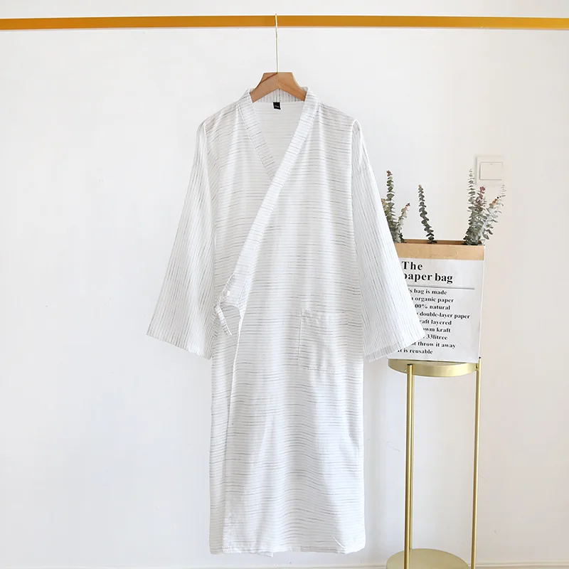 Spring And Summer New Style Japanese Kimono Men\'s Bathrobe 100%Cotton Striped Nightgown Plus Size Yukata Home Sweat Steaming Set