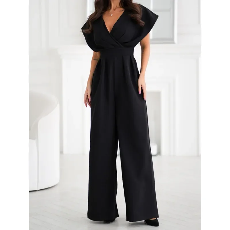 

S-XXL Women's Fashion V-neck Solid Color Long Jumpsuit Ladies Short Sleeve Casual Waist Comfortable Jumpsuit