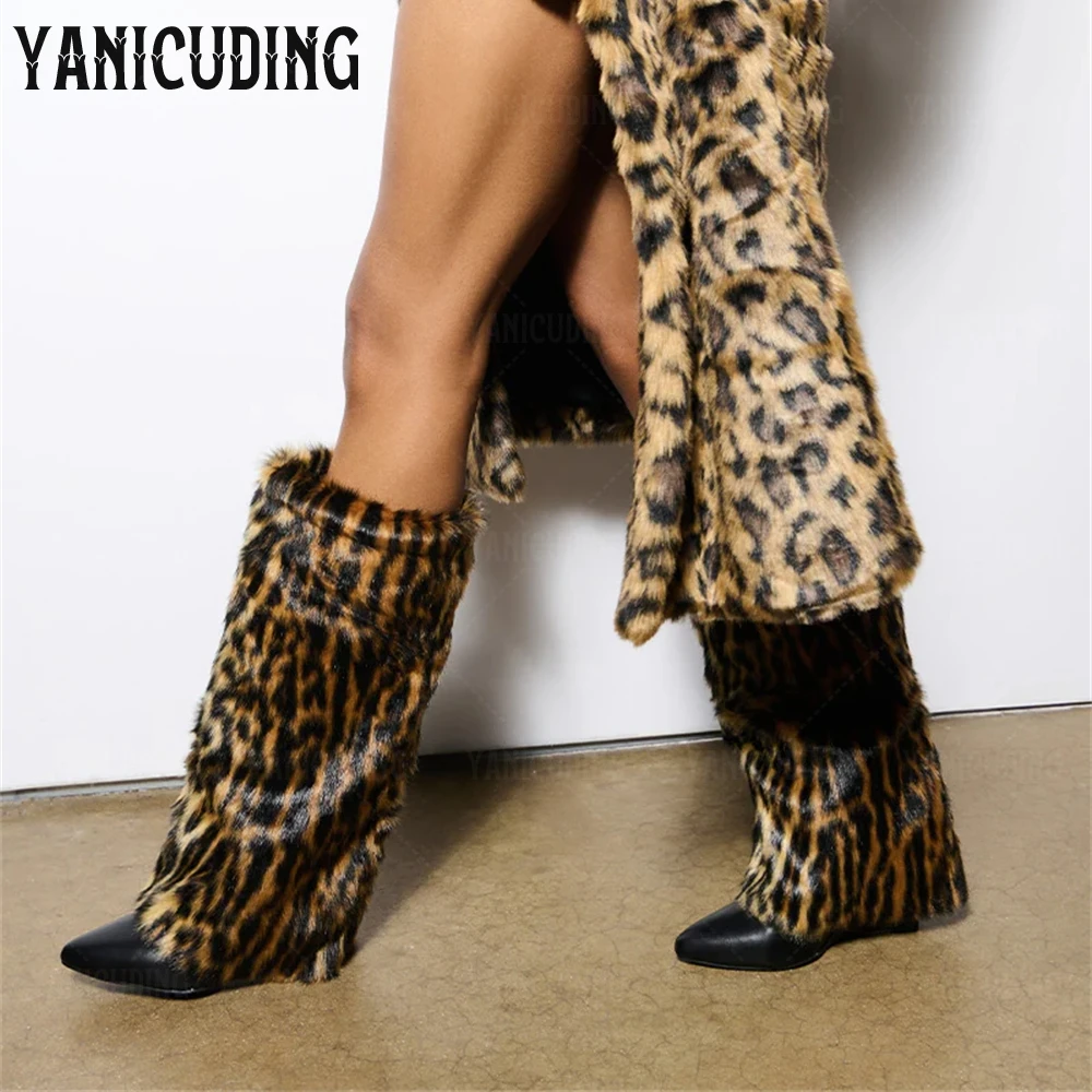 Plush Faux Fur Knee Boots Black Brown Leopard Warm Boots Pointed Toe Wedge Pull-On Fit Winter Boots Fold-Over Shaft Women Boots