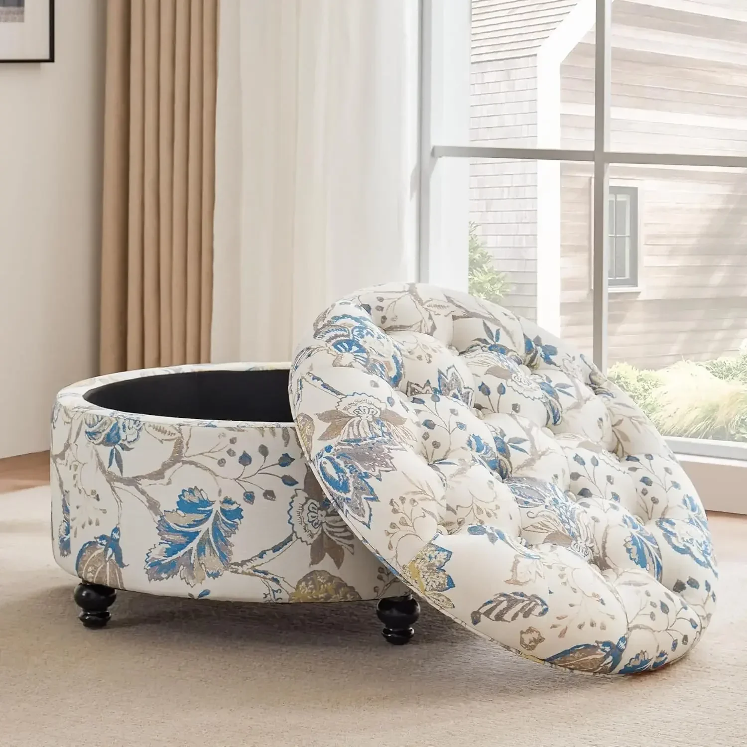 [سعر مخفض، حار بيع! ] مسند تخزين دائري مقاس 30 بوصة، طاولة قهوة معنقدة بأزرار حديثة مع سطح قابل للإزالة، منجدة