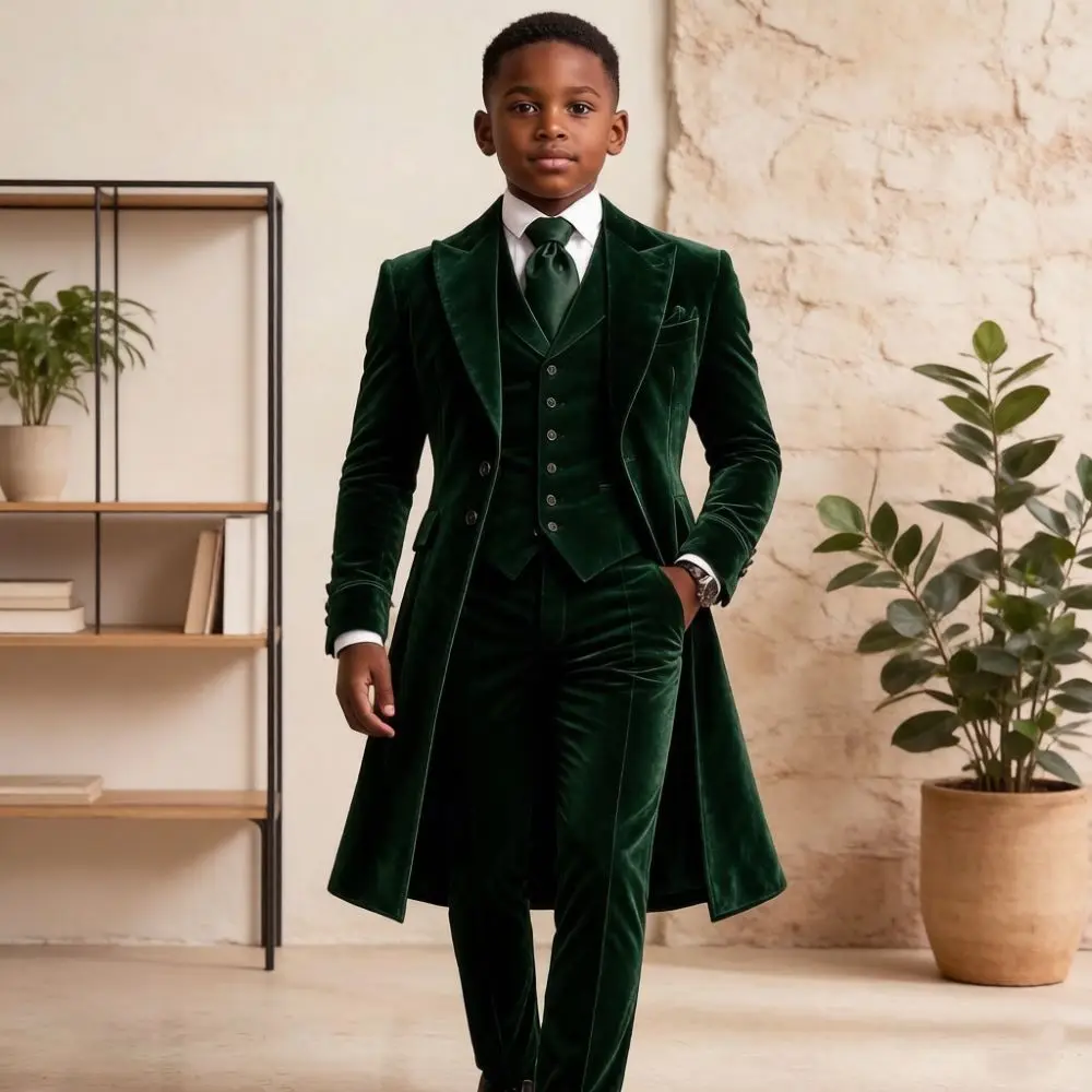Boy Long Suits Velvet Long Slim Fit 3 Pieces Custom Made Wedding Mix Match Flap Pockets Kids Baptism Birthday Banquet