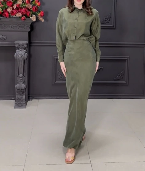 Women's Temperament Commuting Two-piece Vintage Solid Button Long Sleeve Shirt Top and High Waist Slim Fit A-line Maxi Skirt Set