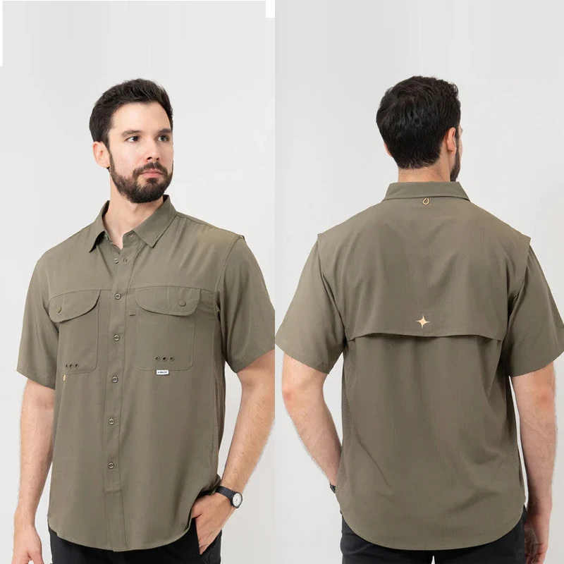 High Performance Outdoor Men's Short Sleeve Shirt Fishing Summer Multi-Functional Waterproof Sun Protection Polyester Fabric