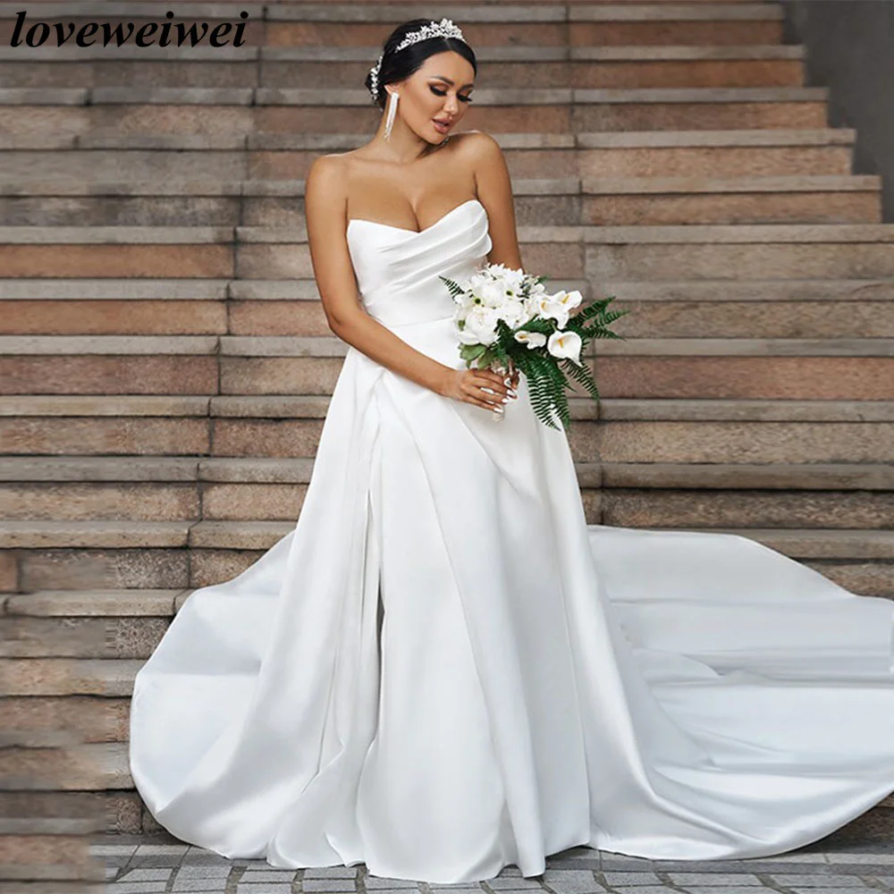 Vestidos de noiva sem alças para mulheres, simples linha A plissada, vestidos de noiva sem encosto, trem longo cetim, vestes nupciais