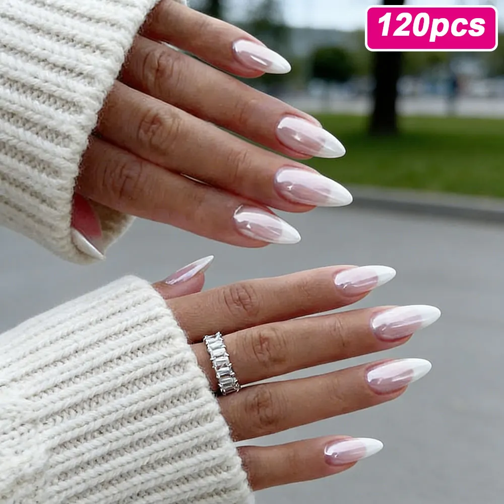 120 Stück/Beutel Chrom Perlglanz French Press-On Nägel Mittellange Mandel-Form Mondlicht Künstliche Nägel Vollständige Abdeckung Acryl-Nagelspitzen Deko DE3