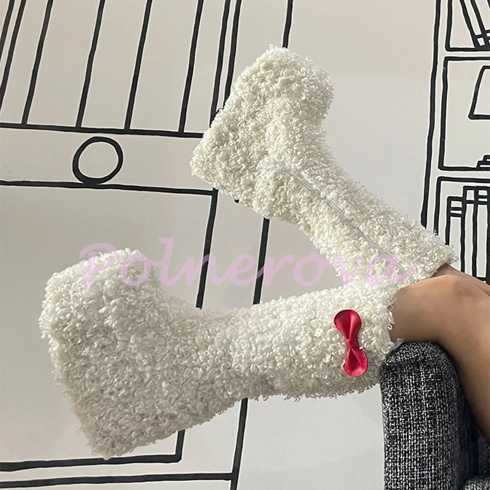

Red Bow Knot White Platform Wool Boots Women Lovely Warm Furry Snow Booties Side-Zipper Designer Women Shoes Zapatos Para Mujere