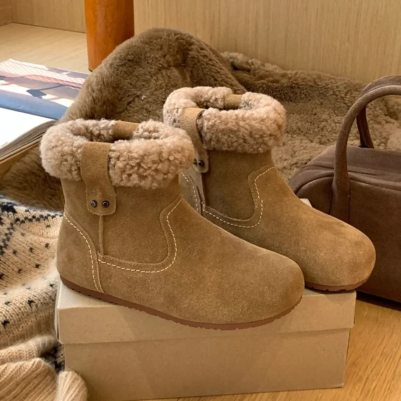 

Зимние женские ботинки на меху до щиколотки на плоской подошве, короткие плюшевые теплые хлопковые туфли, зимние повседневные модные ботинки 2024, новые брендовые удобные женские ботинки