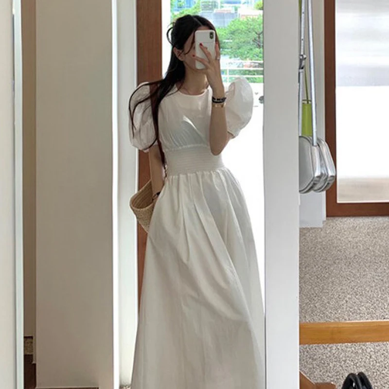 [EWQ] Korea Chic Runway One-piece Dress 2024 Summer New Beautiful  Ladies Vestidos O-Neck White Robe 16O233800