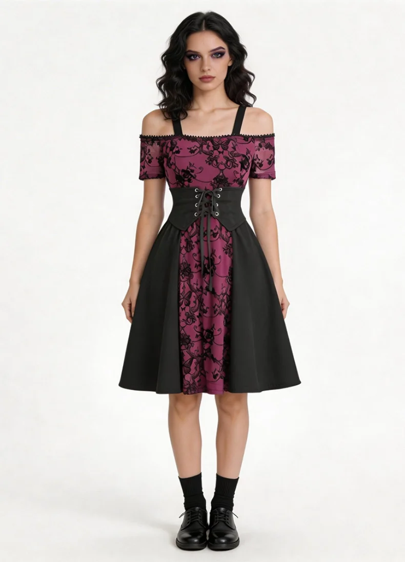 

[You're My Secret] Gothic Black and Purple Dress Women Medieval Strap Corset Dress Witch Cosplay Costumes Halloween Costumes