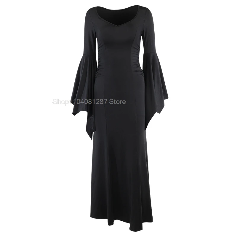 Morticia Jurk Addams Gothic Vrouwen V-Hals Lange Jurk Casual Lange Batwing Mouw Cosplay Kostuum Slim Fit Feest Club Kleding