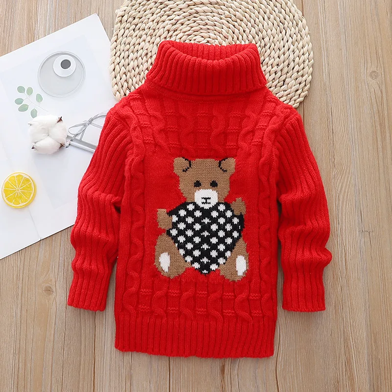 New Winter Keep Warm Girls Sweater Cartoon Bear Pattern High Neck Design Full Sleeve Knitted Shirt Children Birthday Present