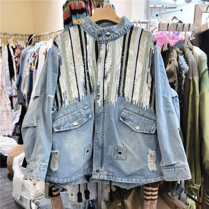 Harajuku Fashion Sequins Frayed Hole Denim Jacket Autumn Women Stand Collar Loose Drawstring Waist Light Blue Jeans Jacket Coat