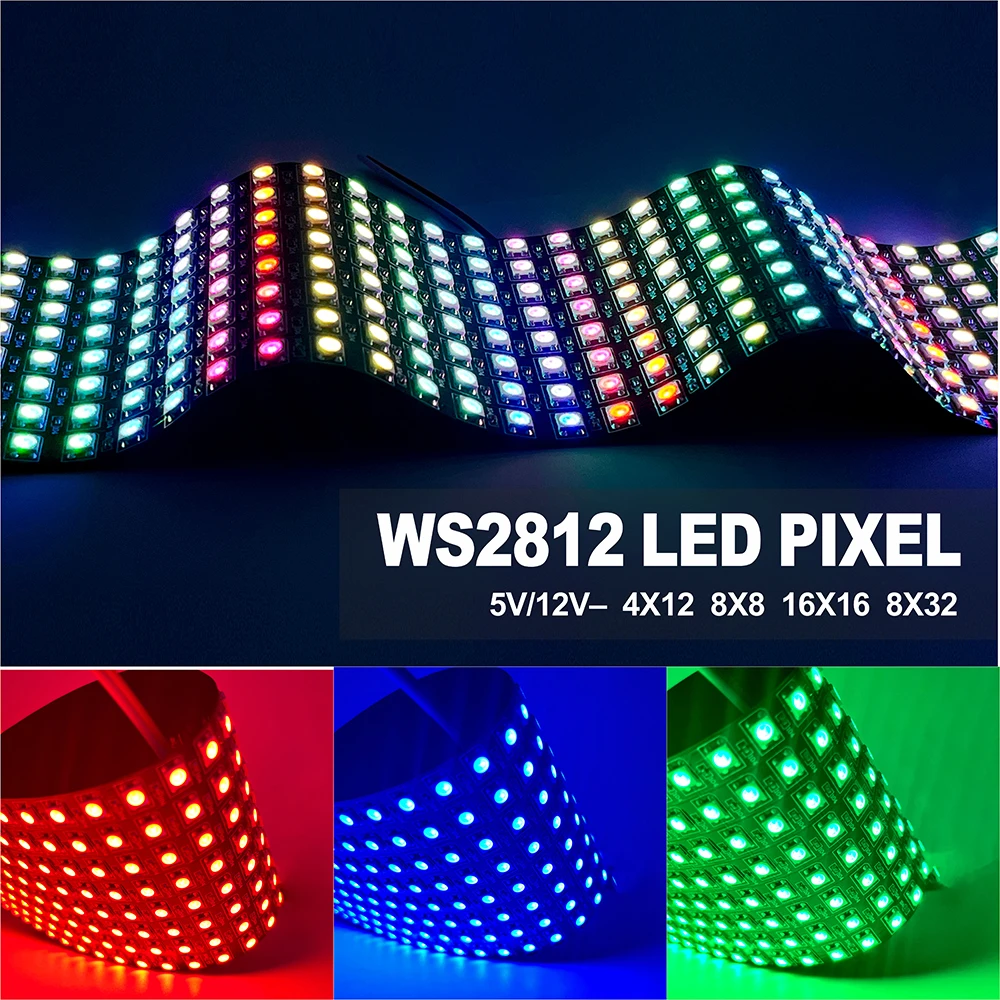 WS2812B Flexible LED Pixel Matrix Panel DC5V Individually Addressable RGB 4×12 8×8 16×16 8×32 Programmable Screen