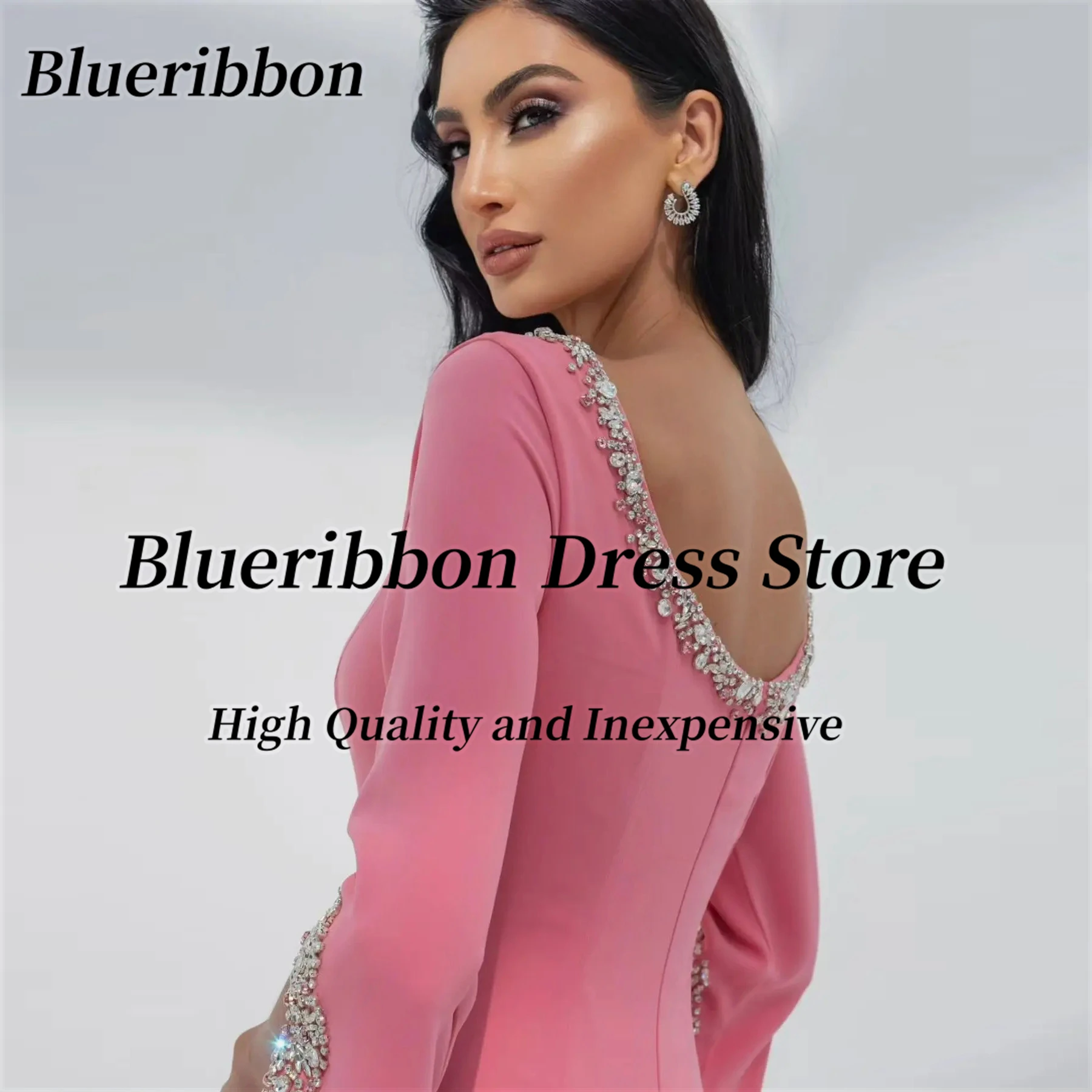 Blueribbon-vestido de noche con cuello redondo y cuentas, traje de manga larga con cremallera en la espalda, ropa especial para fiesta de graduación y novia