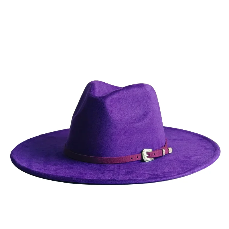 Sombrero Fedora de ala ancha de 9,5 cm de gamuza púrpura para hombre y mujer, Sombrero de Jazz de fieltro para otoño/invierno, sombrero de fieltro clásico de gamuza