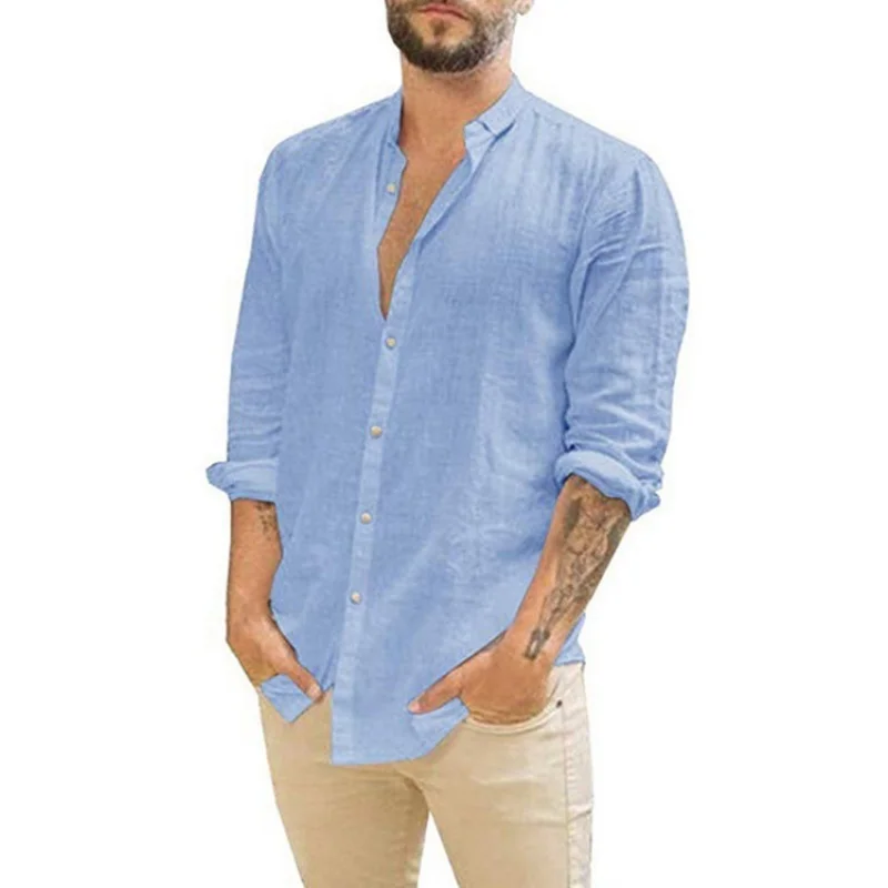 CIGY-Men's Linen Cardigan, Casual Stand Collar, Long Sleeve, One Breasted Shirt, Monochromatic