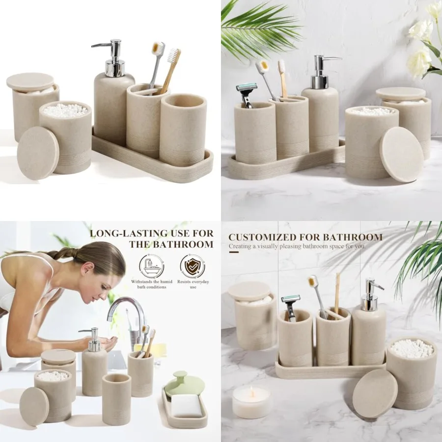 

Bathroom Accessories Set, 6-Piece Bathroom Accessory Set, Toothbrush Holders Set, Soap Dispenser, Vanity Tray, Tumbler, Cotton