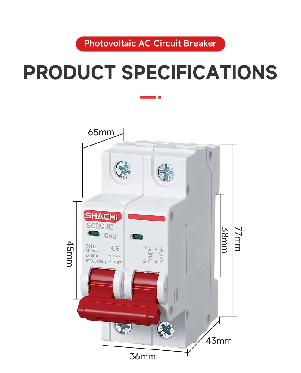 SHACHI AC Mini-Leitungsschutzschalter MCB 2P 16A 20A 25A 32A 40A 63A 220V 400V C-Typ DIN-Schienen-Luftschalter für den Überlastschutz im Haushalt – Detail 13