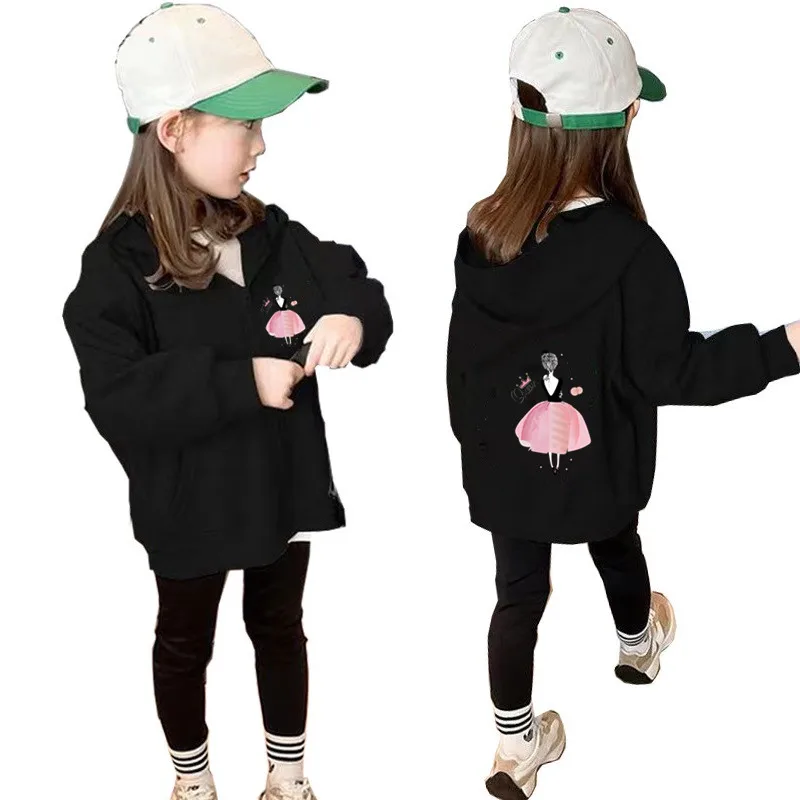 Ballet Dance Girl Print Zipper Pocket Jaket 5-14Years Girls Kids Casual Long Sleeve Hoodie Jacket