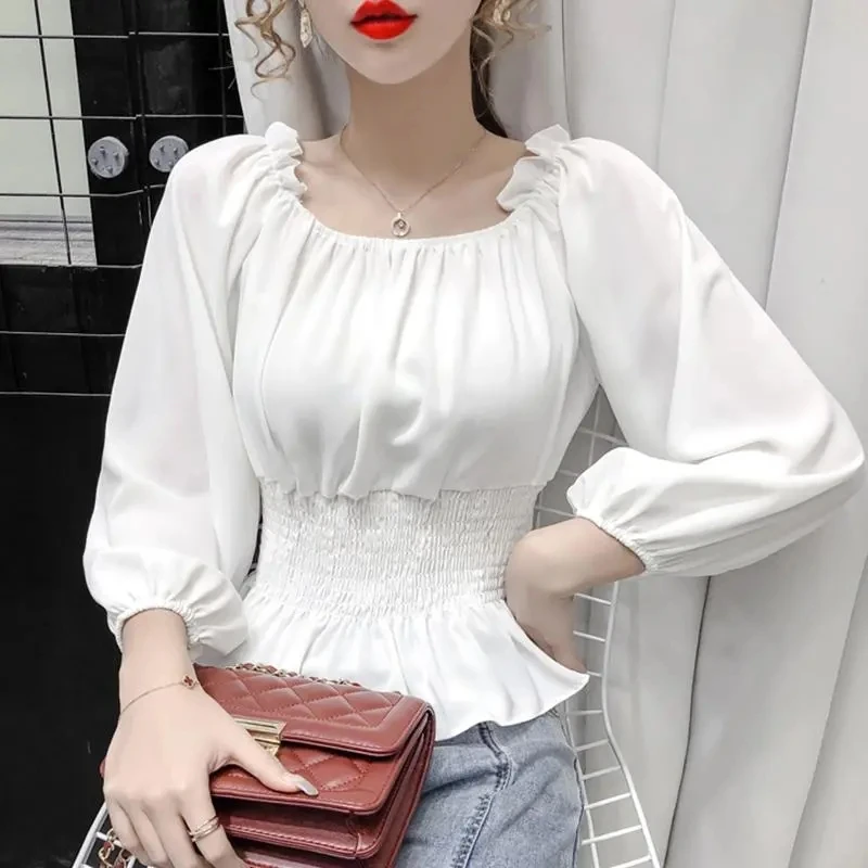 Youth Elegant Blouse Women Chiffon Fashion Blouse Off Shoulder White Shirt Ruffle Puff Sleeve Top Office wear 2023