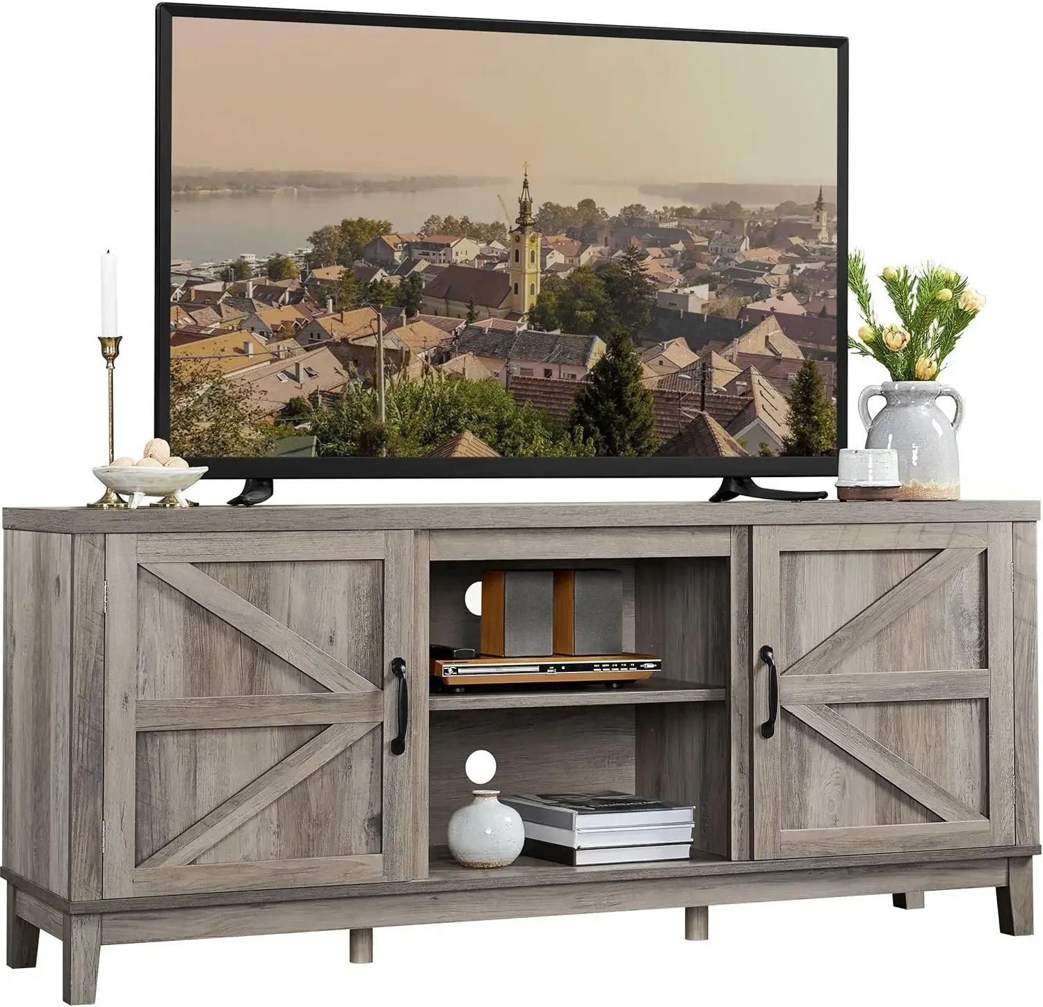 TV Stand, Farmhouse TV Stand for Living Room, Entertainment Center with Double Barn Doors for 65 Inch TV, Gray