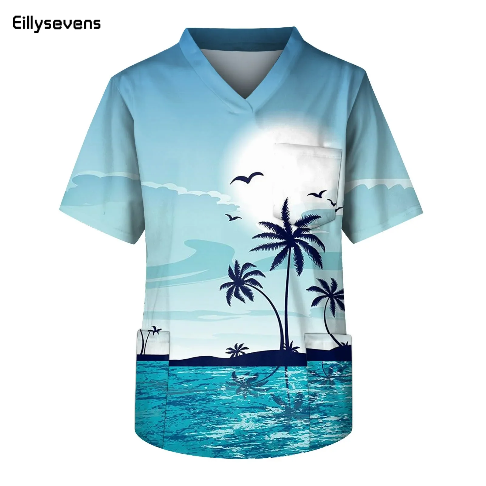 

Men'S Workwear Tee Fashion Printed Short Sleeve V-Neck Tops Working Pocket Blouse Male Scrub Nurse Working Uniform T-Shirts