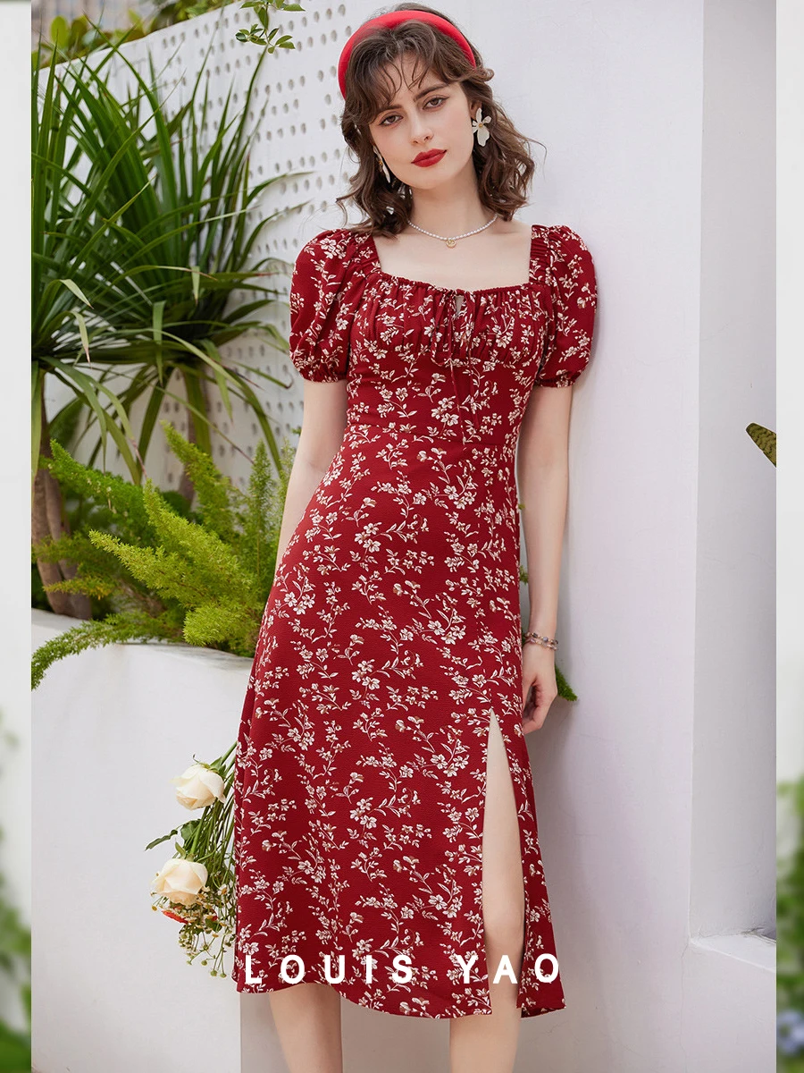 

LOUIS YAO Women Dress French Style Square Neck Short Sleeve Vent Dress 2024 Summer Slim Fit Retro Style Print Long Dress