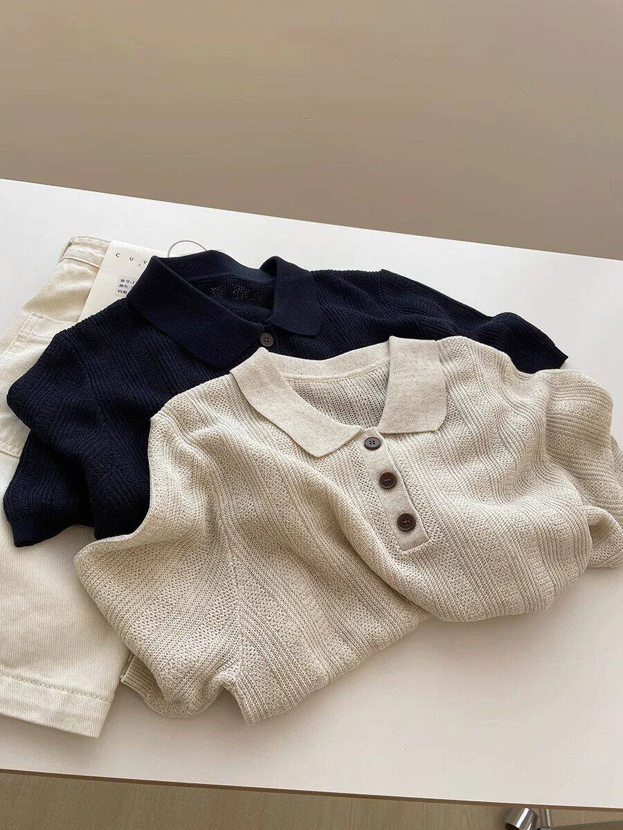 Overwhelmingly Good Looking Retro  Neck Knitted Short Sleeve T-Shirt Loose Casual Summer Top Korean Style Commute Fashion