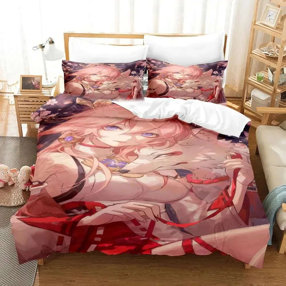 Anime Genshin Impact Yae Miko Game Bedding Set Duvet Cover Bed Set Quilt Cover Pillowcase Comforter king Queen Size Boys Adult