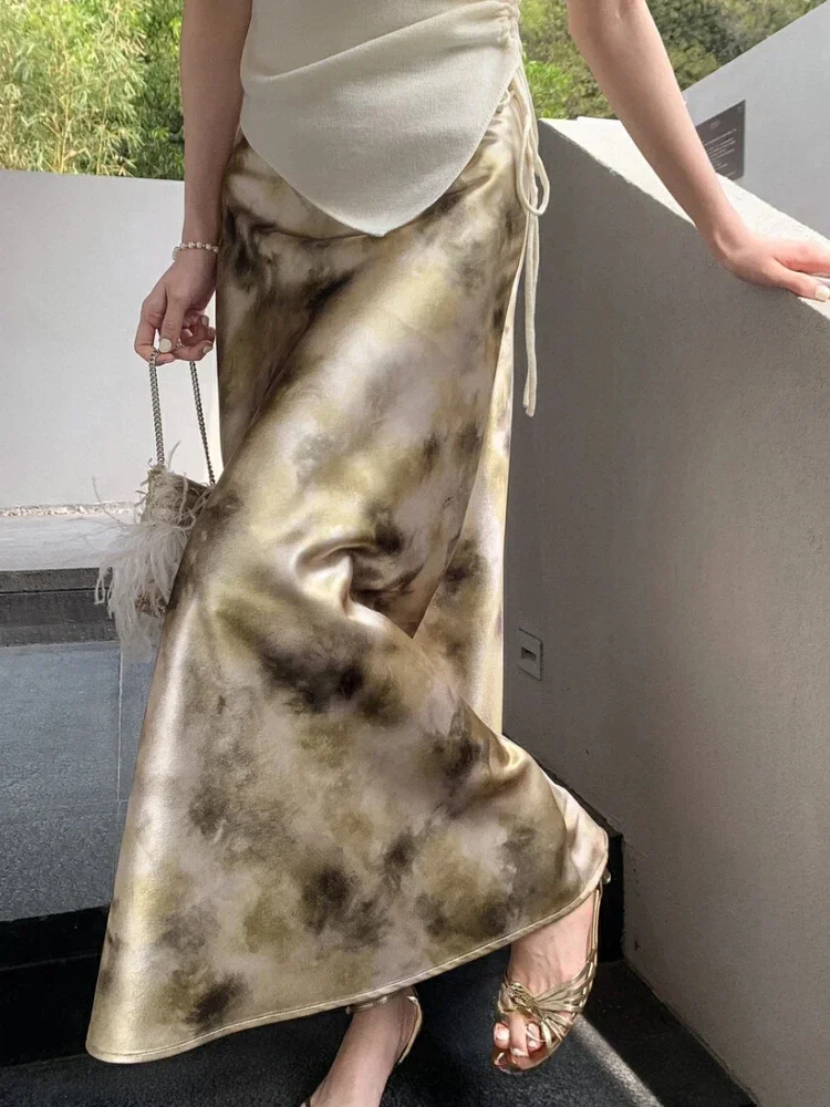 

Summer Elegant Long Skirt Womans High Waist Silk Smooth Ink Printing Fishtail Skirt Lady Art Flower Satin A-line Skirts Woman