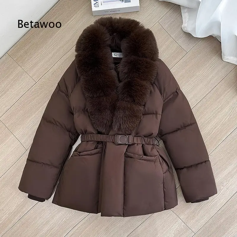 Womens waist cinched cotton padded coat with large faux fur collar slim silhouette versatile warm winter overcoat fashionable o