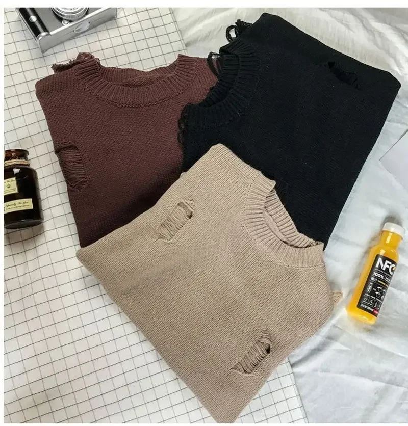 Wash Hole Ripped Knit Sweaters Men Women Streetwear Hip Hop Pullovers Jumper Fashion Oversized All-match Mens Winter Clothes