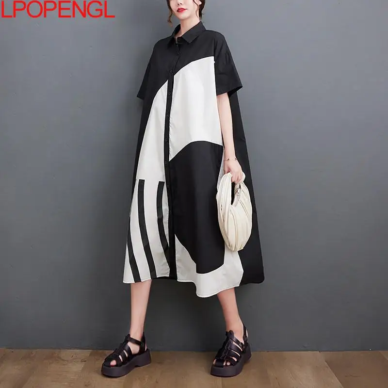 Korean Fashion Lapel Print Short Sleeved Patchwork Dress Women Summer New Single Breasted Color Blocking Mid Length Shirt Dress