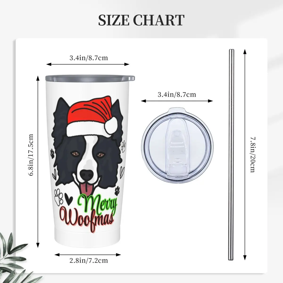 Collie Black Merry Woofmas Dog With Christmas Hat Stainless Steel Tumbler Insulated Mugs Thermal Cold Cups Straw With Lid 20oz