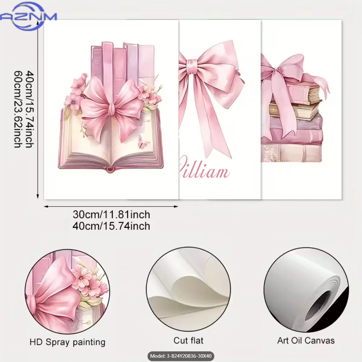 3pcs/Set Custom Name Sweet Style Pink Canvas Poster | Pink Bow and Book Flower Print, Suitable for Home, Office, Home Decoration