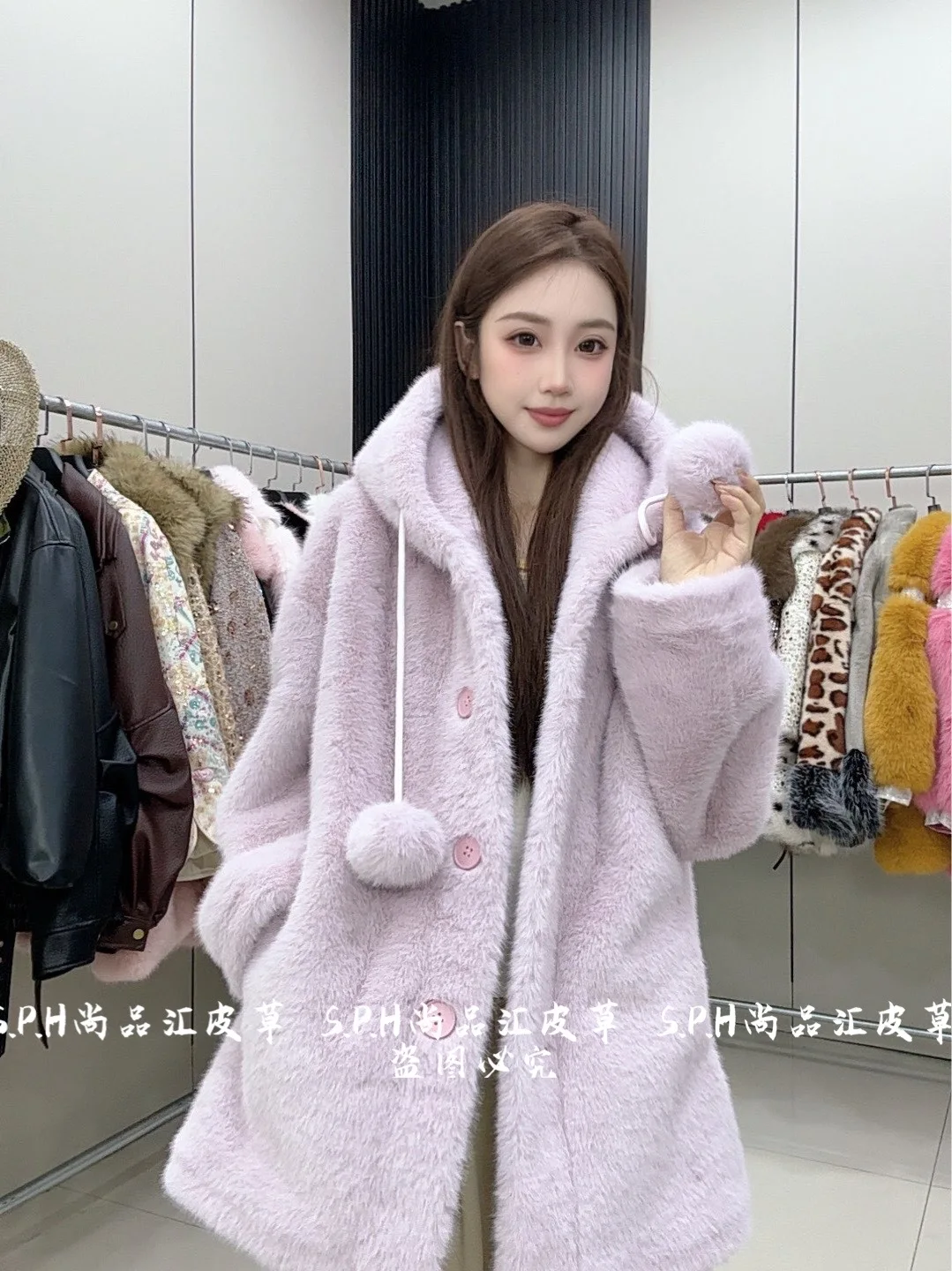 2025 New Women's Winter Cute Age-Reducing Hooded Fur Ball Mid-Length Coat Faux Fur Coat Mid-length Solid Color Fluffy Jacket