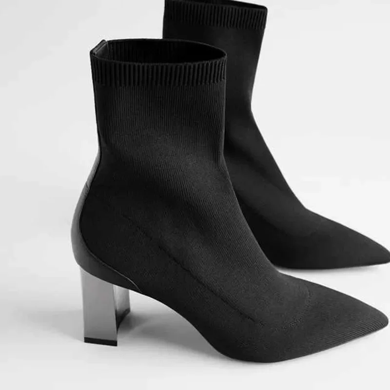 

Brand Design High-Heeled Elastic Chelsea Short Boots Retro Pointed Square Heel Heel Thin Knitted Splicing Women's Boots