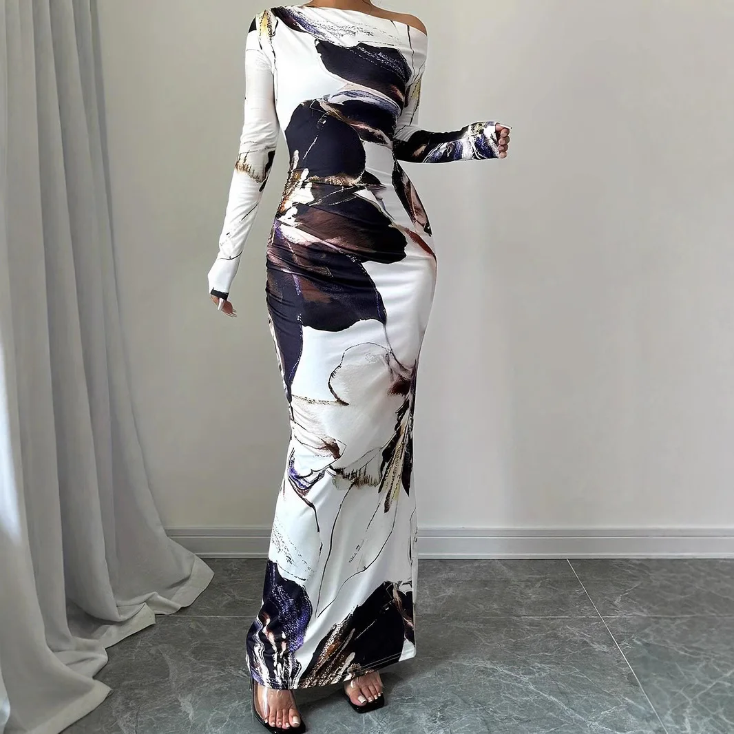 Women's Dresses 2025 Spring And Autumn New Off-shoulder Elegant Slim Dress Flower Printed Off-Shoulder Long-Sleeved Hip Dresses