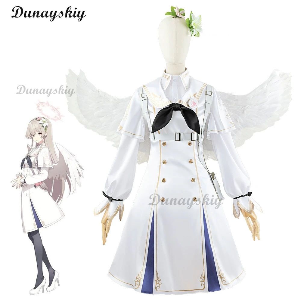 Anime Game Blue Archive Cosplay Kirihuji Nagisa White Dress Wing Women Girl Halloween Cosplay Costume Flower Headwear Halo Wig