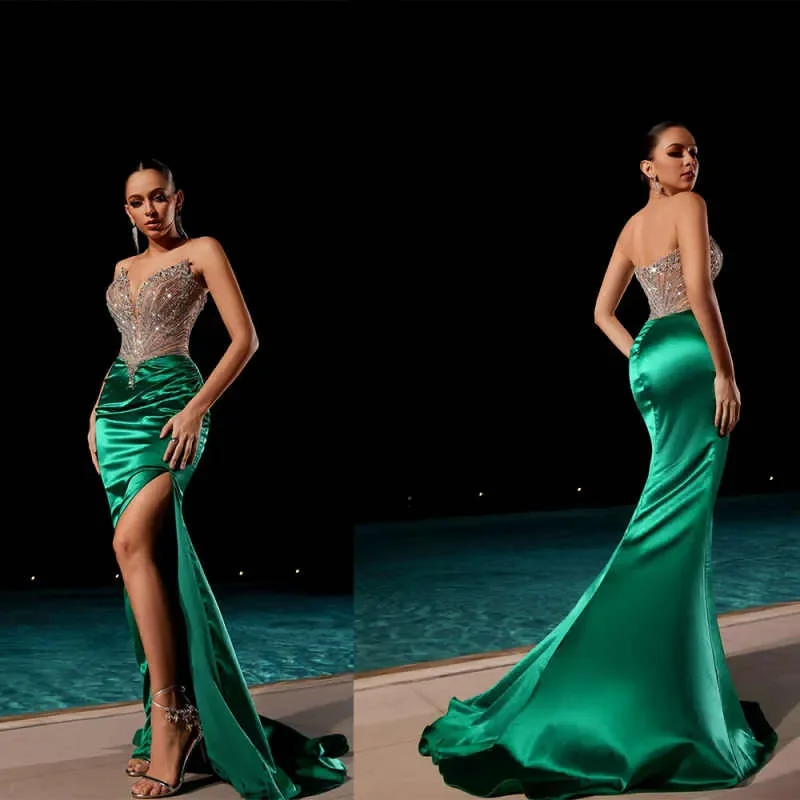 럭셔리 비딩 머메이드 이브닝 드레스, 스트랩리스 민소매 크리스탈 하이 슬릿 롱 드레스, 맞춤 제작 가능