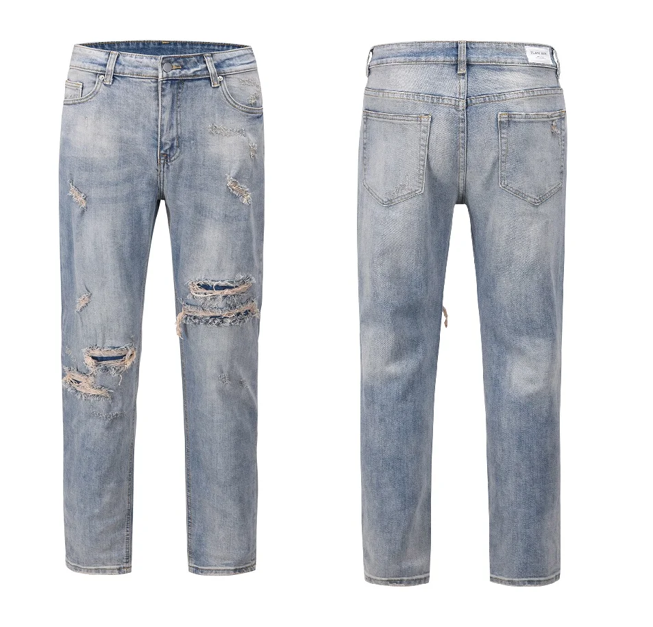 

High Street Bieber Kanye Washed Vintage Men's Jeans Slim Fit with Ripped And Deep Blue Denim Casual Trousers