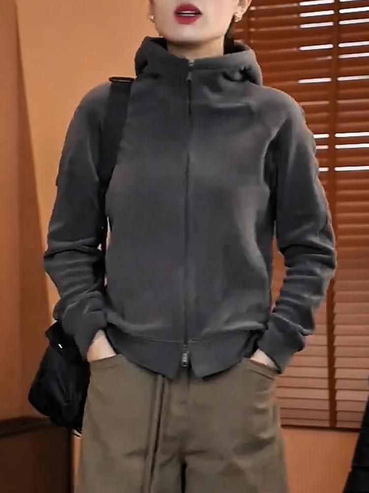 

Корейская повседневная толстовка-худи больших размеров, модный универсальный облегающий топ для женщин, осенний сезон, длинный рукав, на молнии