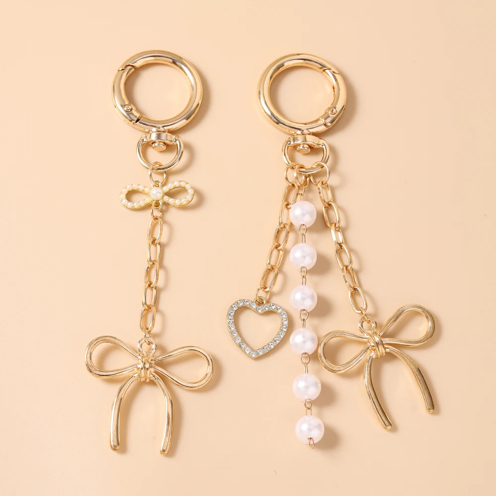 Cute Alloy Bowknot Keychain Women Girls Pearl Key Ring Pendant for Handbag Charms DIY Key Chain Jewelry Gift